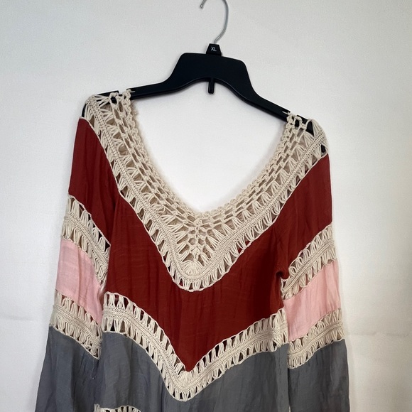 Boho Colorblock Tunic Top Crochet V-Neck Flowy Beach Women's - Picture 2 of 15